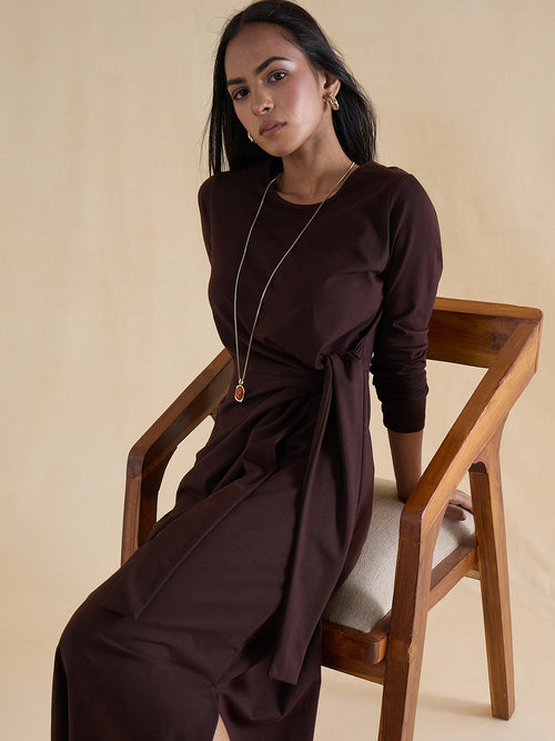 Coffee Brown Cotton Knit Tie-Up Maxi Dress