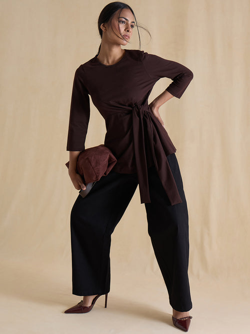 Coffee Brown Cotton Knit Tie-Up Top