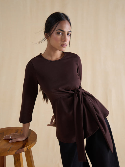 Coffee Brown Cotton Knit Tie-Up Top