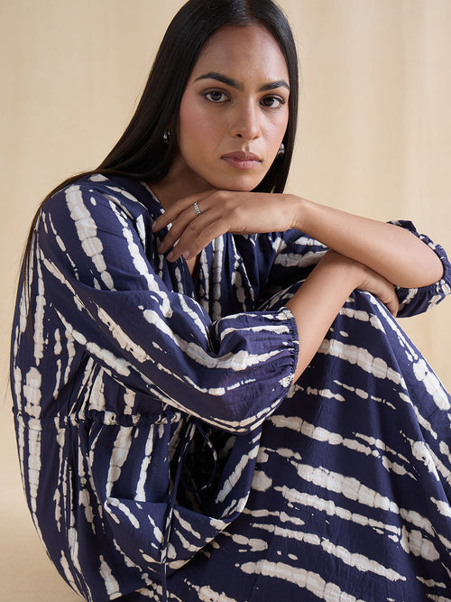 Navy Abstract Ruched Detail Midi Dress