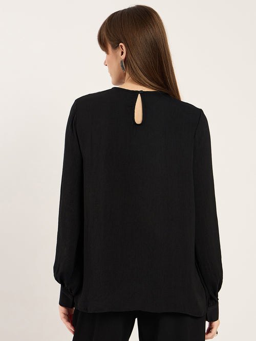Black Yoke Lace Detail Satin Top