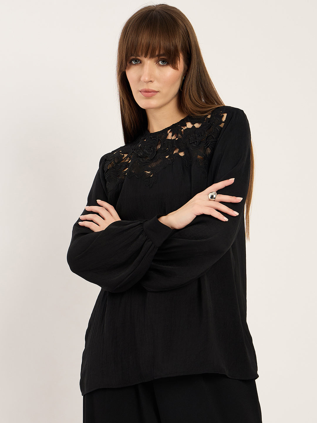 Black Yoke Lace Detail Satin Top