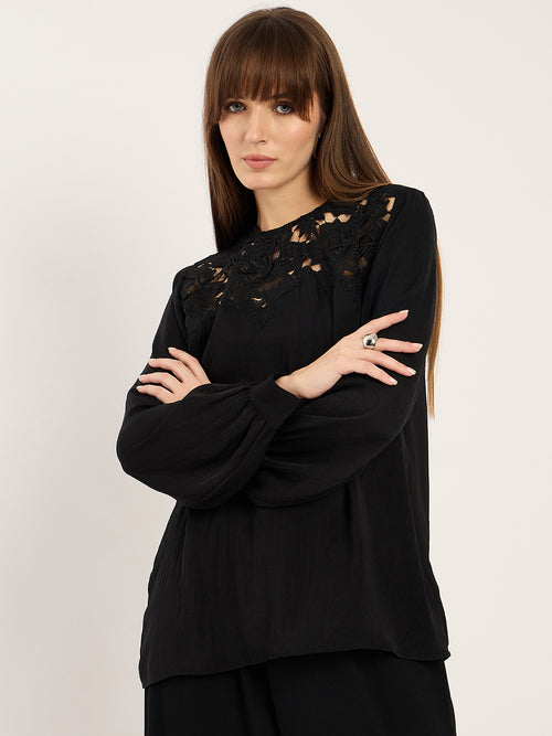 Black Yoke Lace Detail Satin Top