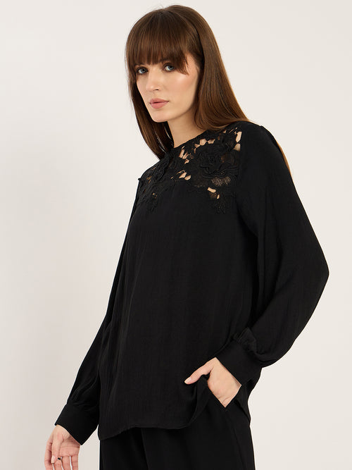 Black Yoke Lace Detail Satin Top