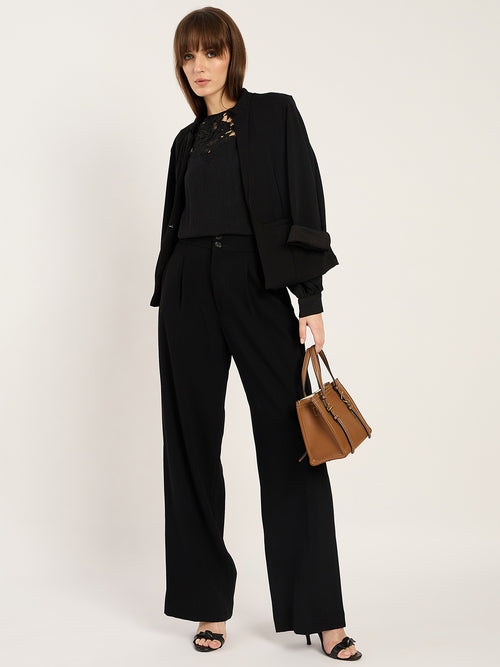 Black Yoke Lace Detail Satin Top