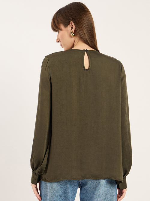 Olive Yoke Lace Detail Satin Top