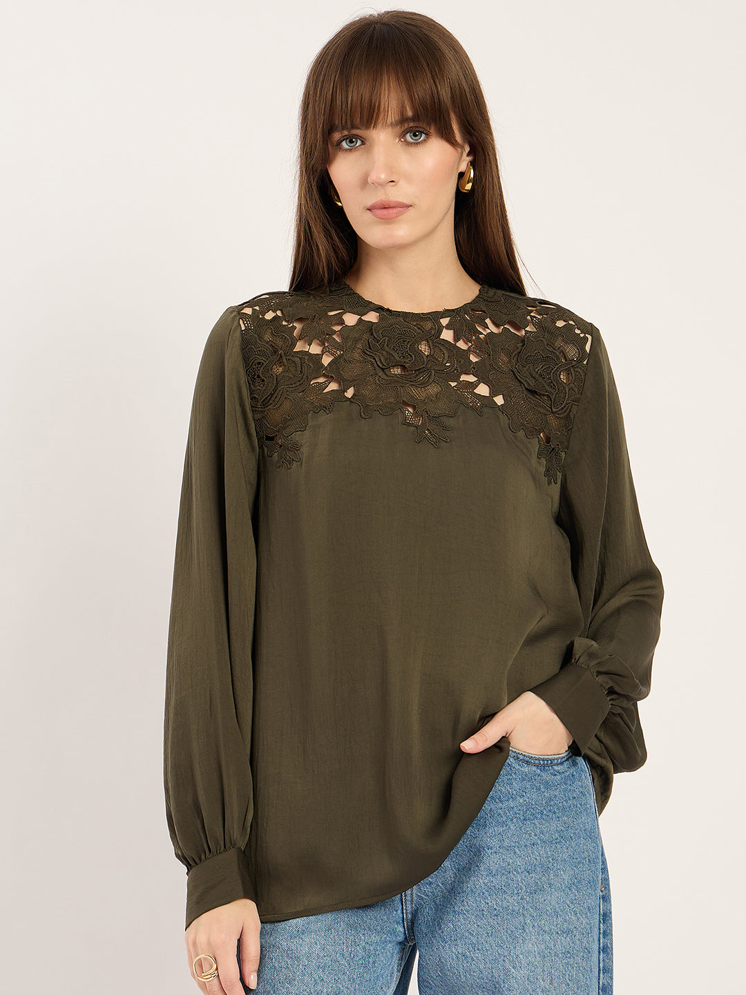 Olive Yoke Lace Detail Satin Top