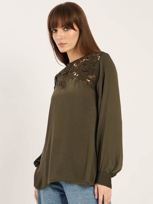 Olive Yoke Lace Detail Satin Top