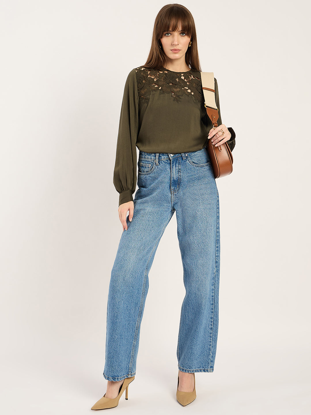 Olive Yoke Lace Detail Satin Top