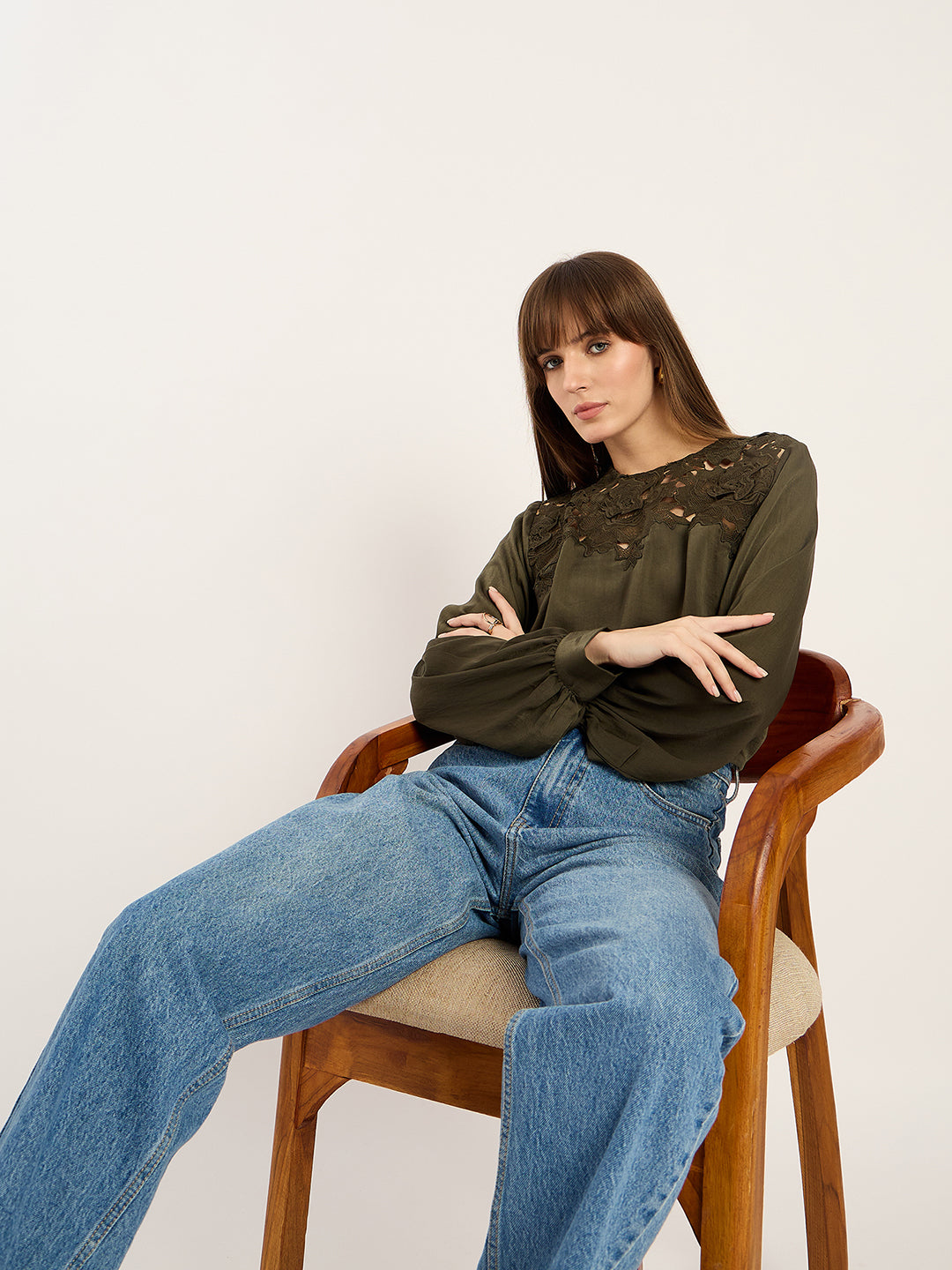 Olive Yoke Lace Detail Satin Top