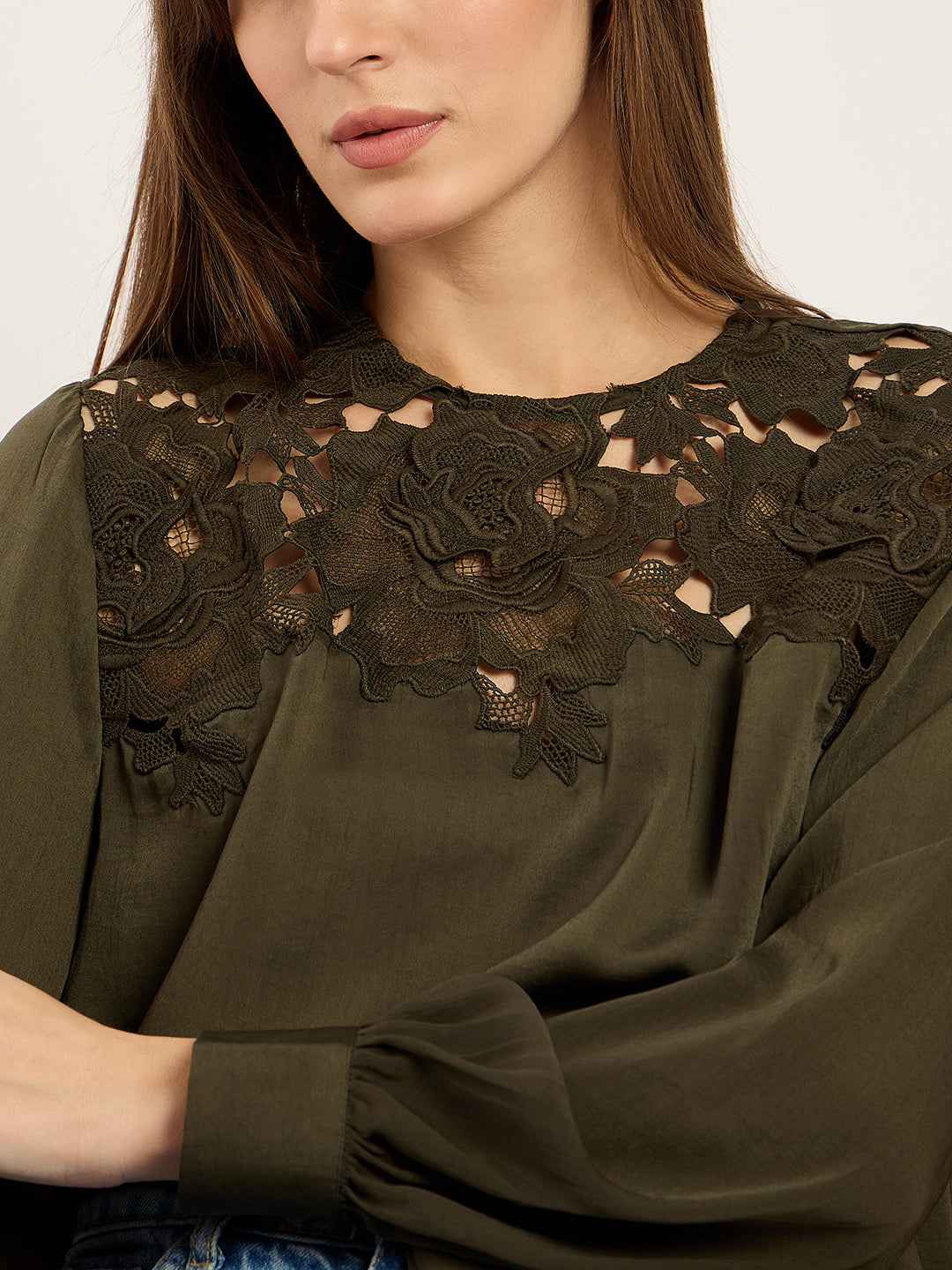 Olive Yoke Lace Detail Satin Top