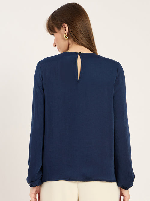 Navy Satin Hem Lace Detail Top