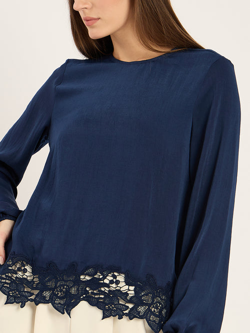 Navy Satin Hem Lace Detail Top