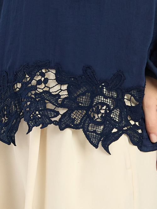 Navy Satin Hem Lace Detail Top