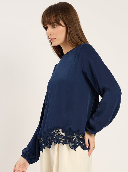 Navy Satin Hem Lace Detail Top