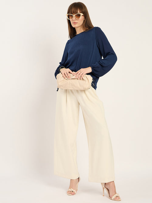 Navy Satin Hem Lace Detail Top