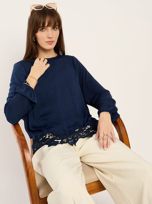 Navy Satin Hem Lace Detail Top