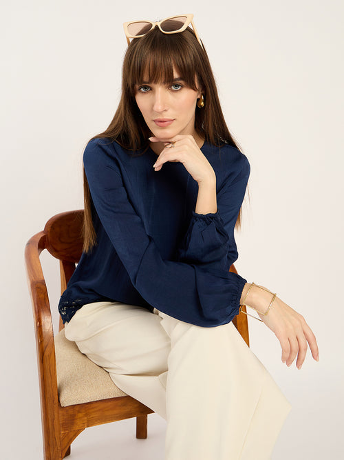 Navy Satin Hem Lace Detail Top