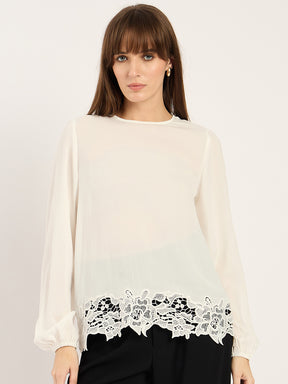 White Satin Hem Lace Detail Top