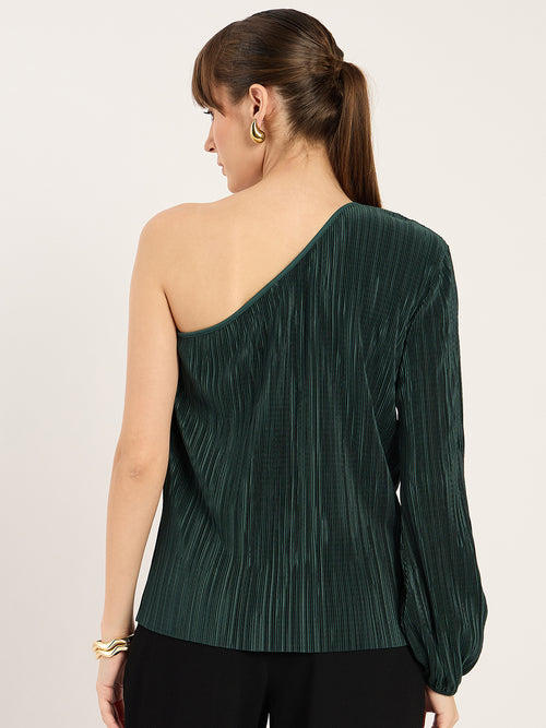 Green Plisse One Shoulder Top