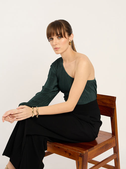 Green Plisse One Shoulder Top