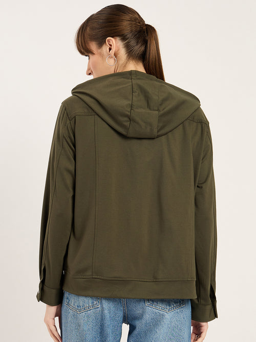 Olive Button Down Hooded Travel Jacket