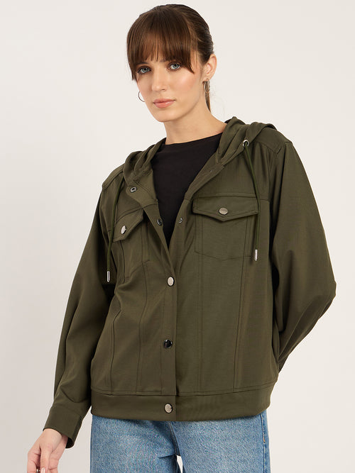 Olive Button Down Hooded Travel Jacket