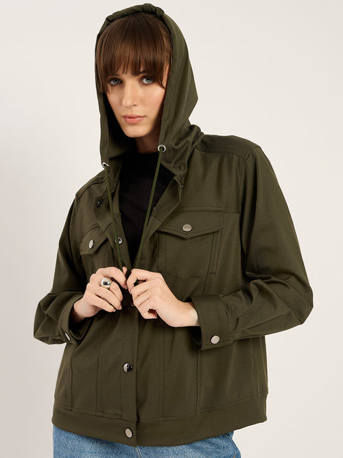 Olive Button Down Hooded Travel Jacket