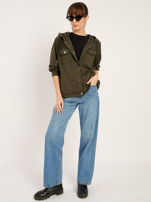 Olive Button Down Hooded Travel Jacket