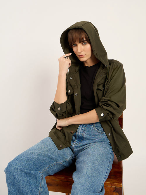 Olive Button Down Hooded Travel Jacket