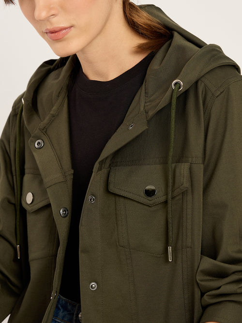 Olive Button Down Hooded Travel Jacket