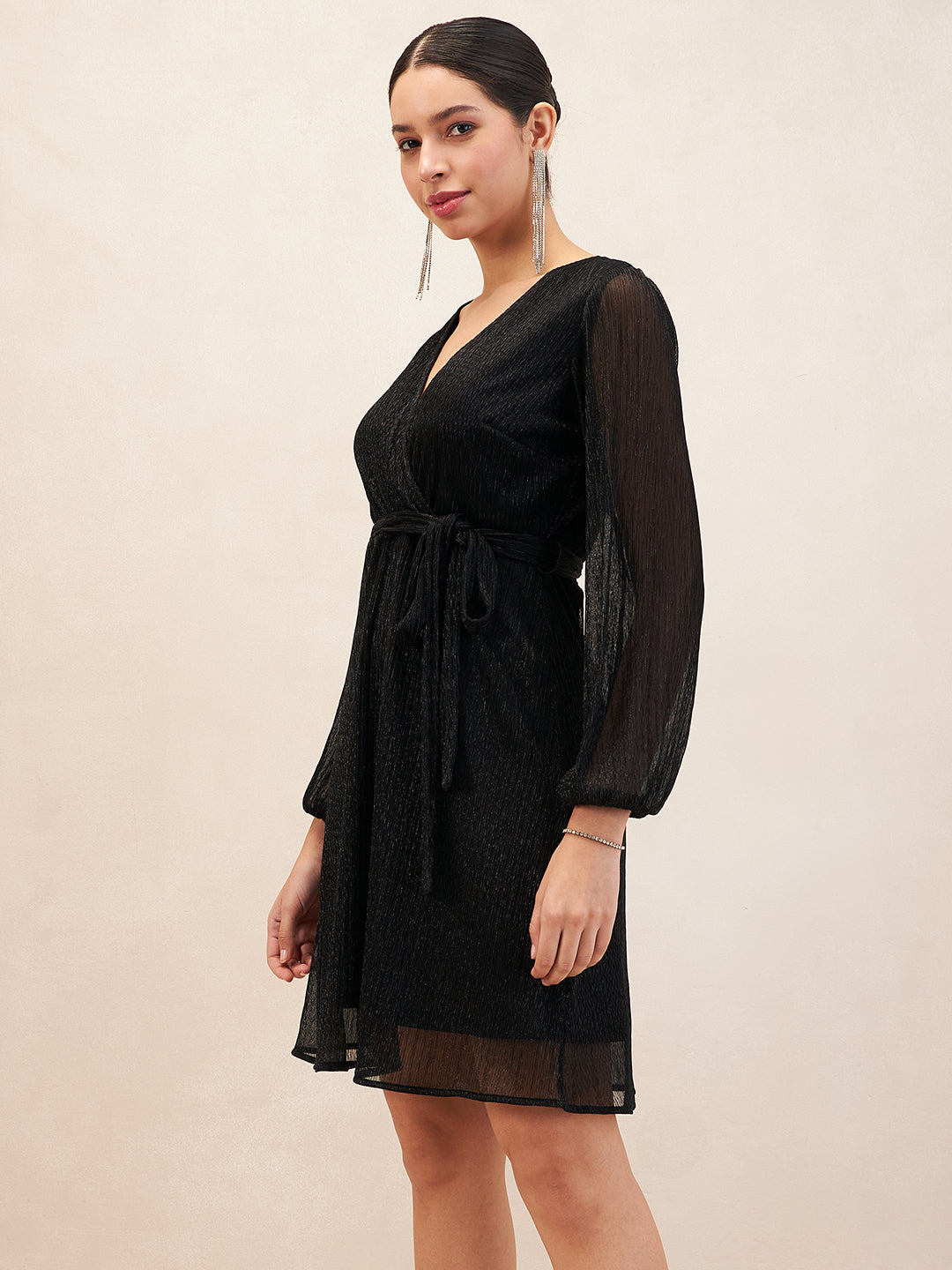 Black Lurex Wrap Mini  Dress