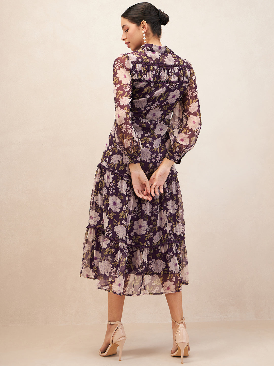 Purple Floral Printed Lace Detail  Tiered Maxi Shirt Dress