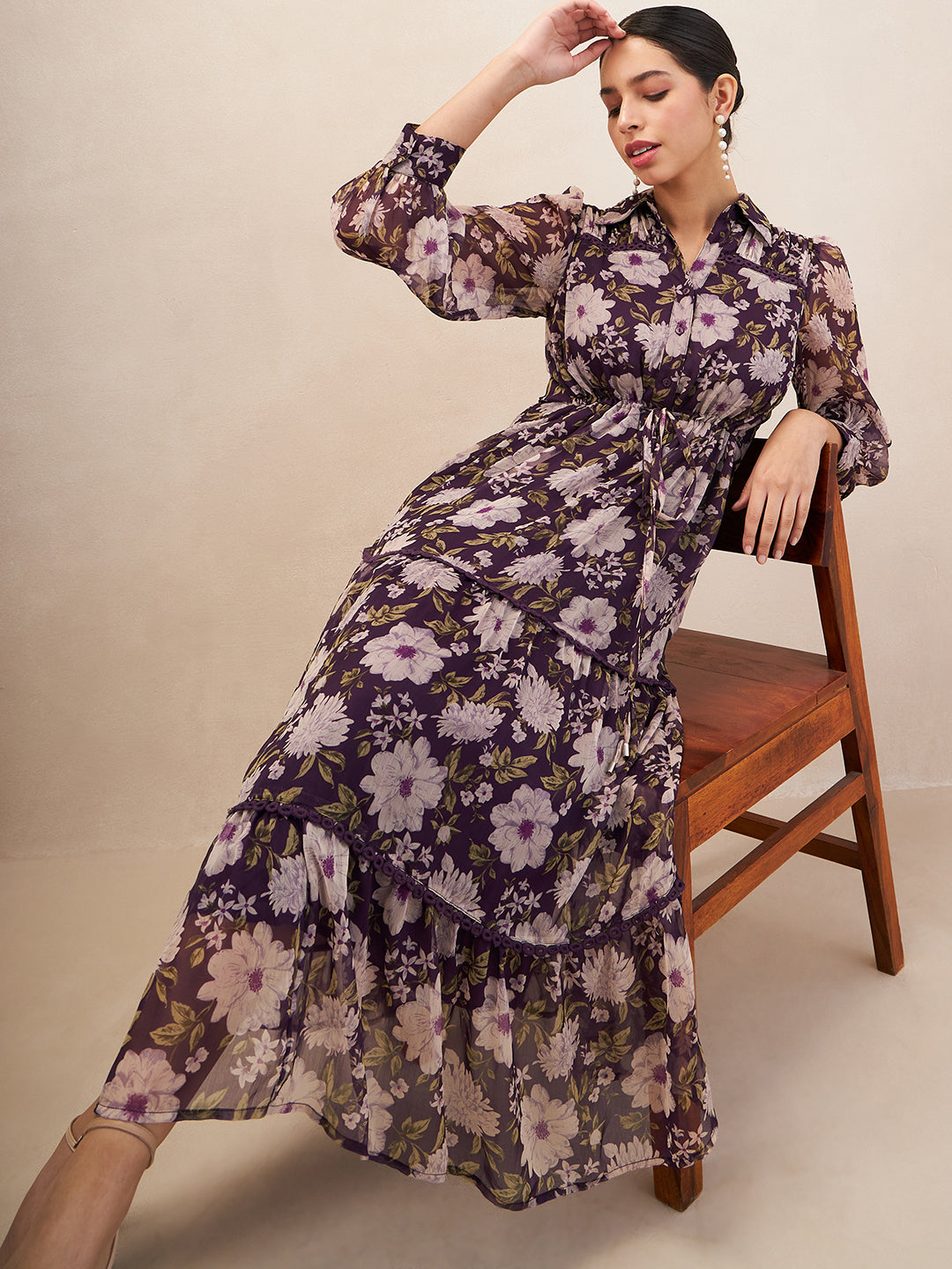 Purple Floral Printed Lace Detail  Tiered Maxi Shirt Dress