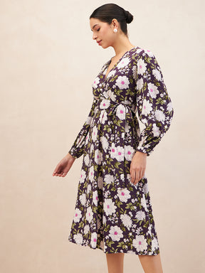 Purple Floral Printed Wrap Midi Dress