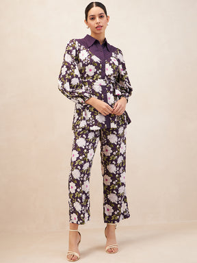 Purple Button Down Floral Printed Co-Ord Set