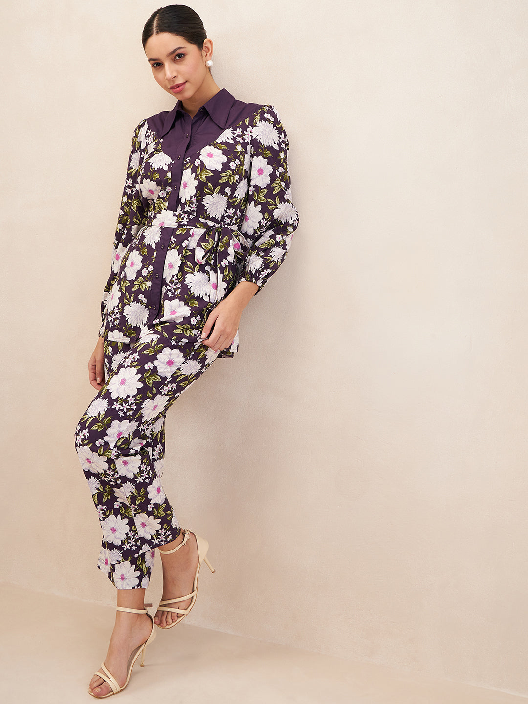 Purple Button Down Floral Printed Co-Ord Set