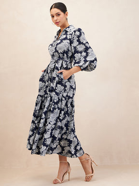 Blue Floral Printed Tiered Maxi Shirt Dress