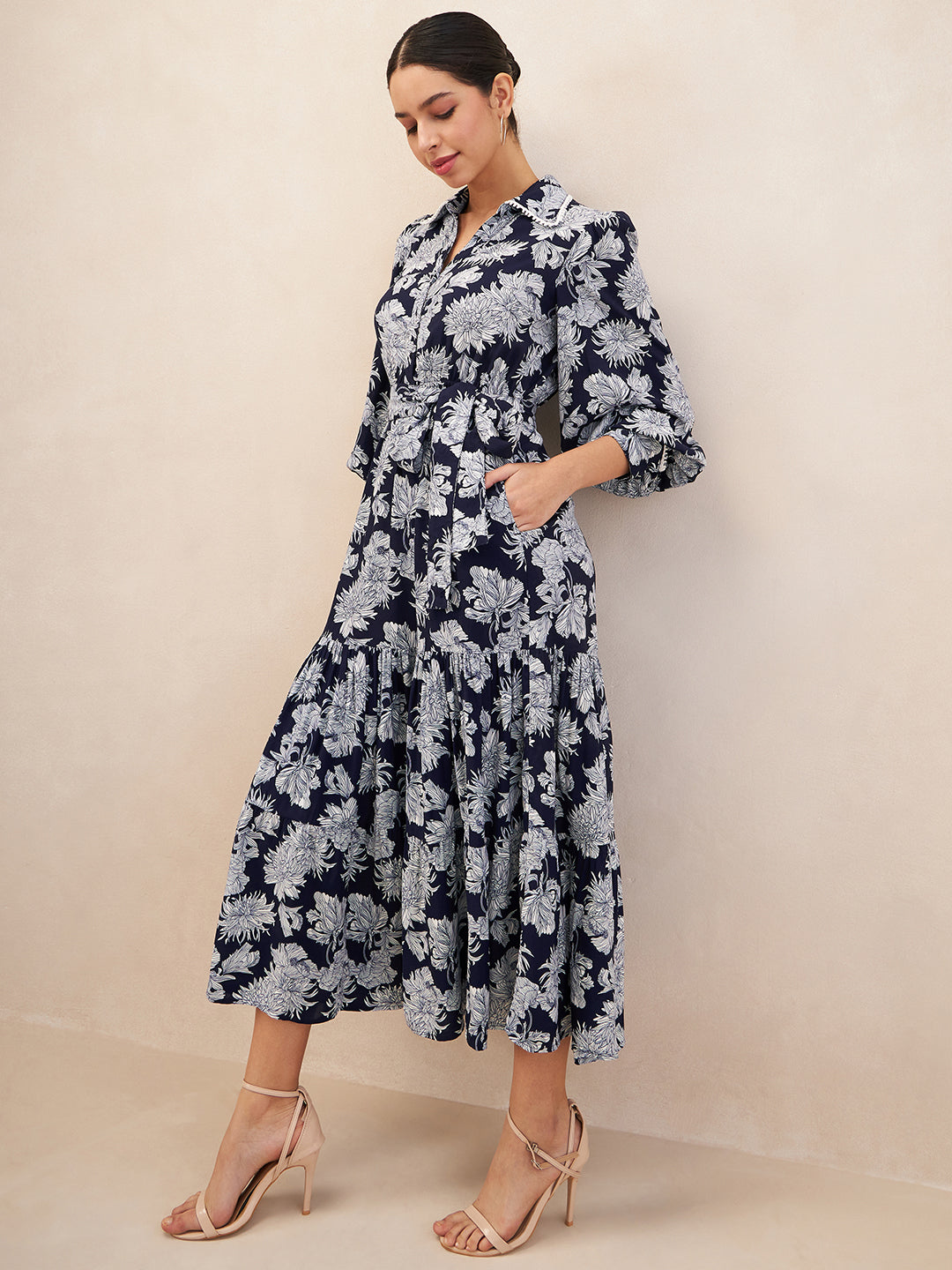 Blue Floral Printed Tiered Maxi Shirt Dress