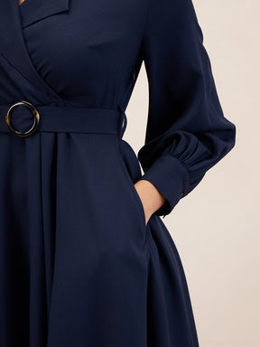 Navy Blue Lapel Collar Wrap Midi Dress