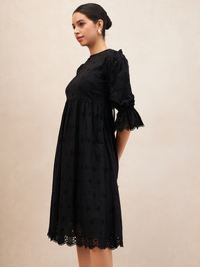 Black Cotton Schiffli Scalloped Midi Dress