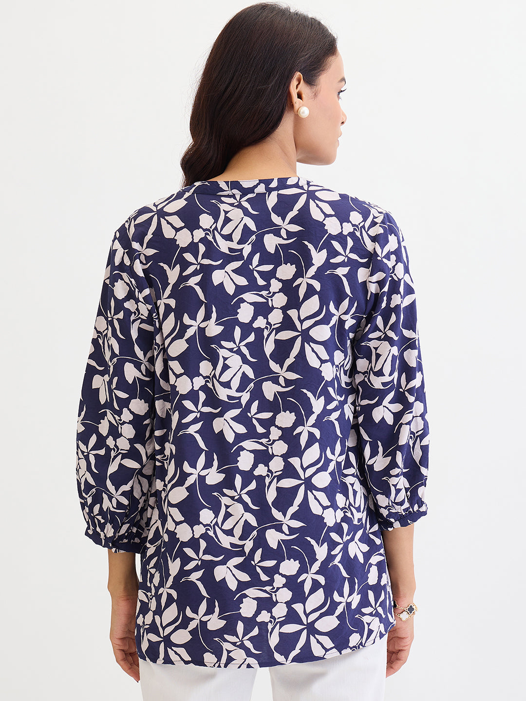 Navy Floral Button Down Top