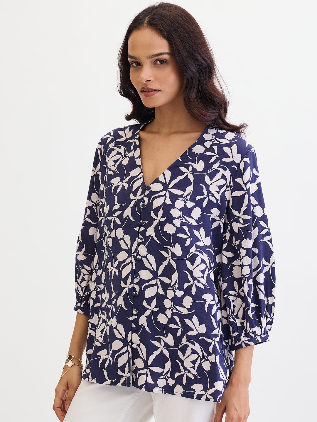 Navy Floral Button Down Top