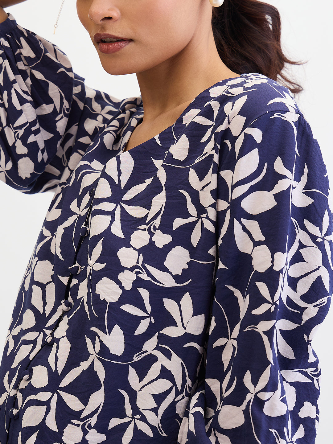 Navy Floral Button Down Top