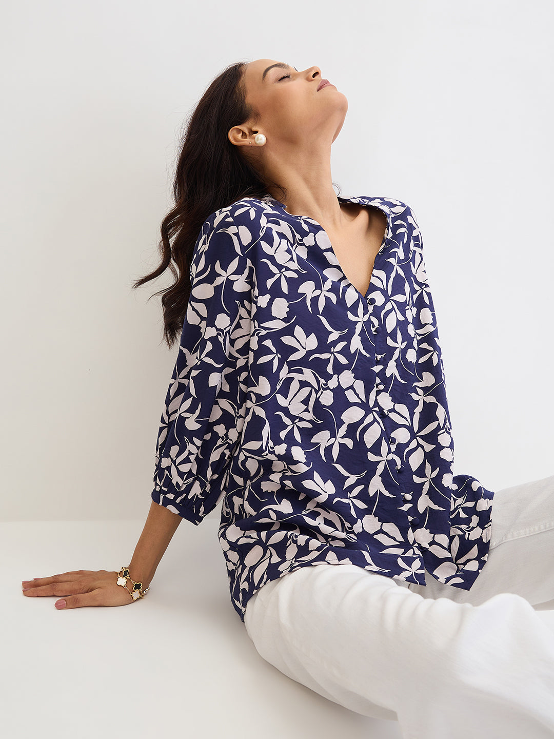 Navy Floral Button Down Top