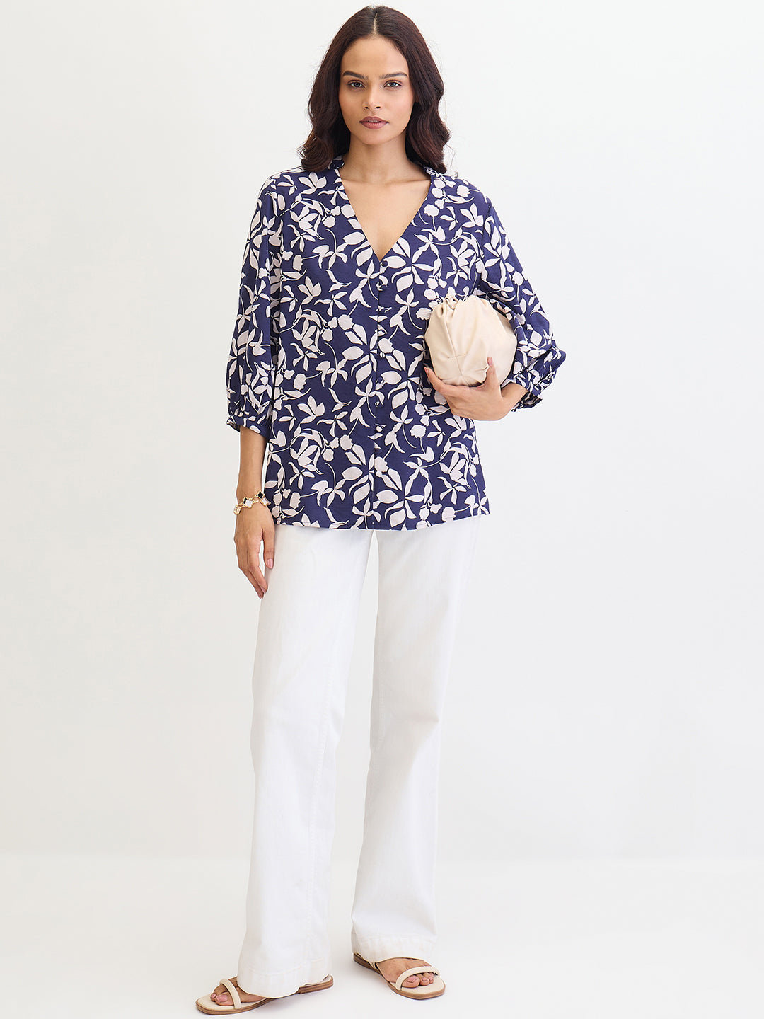 Navy Floral Button Down Top