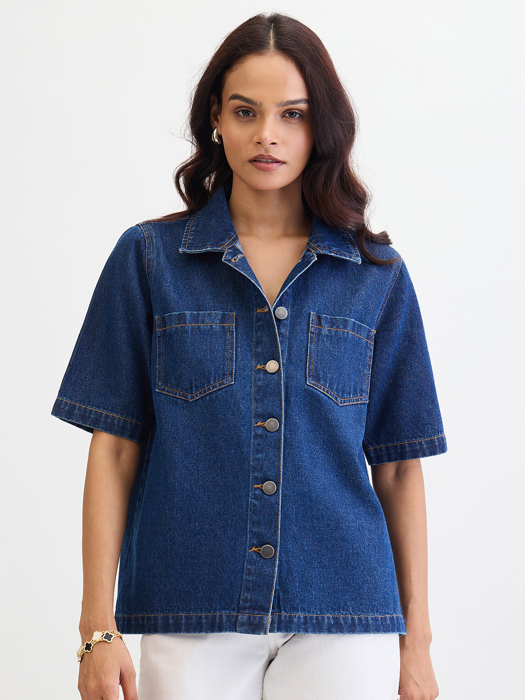 Navy Blue Denim Half Sleeves Shirt