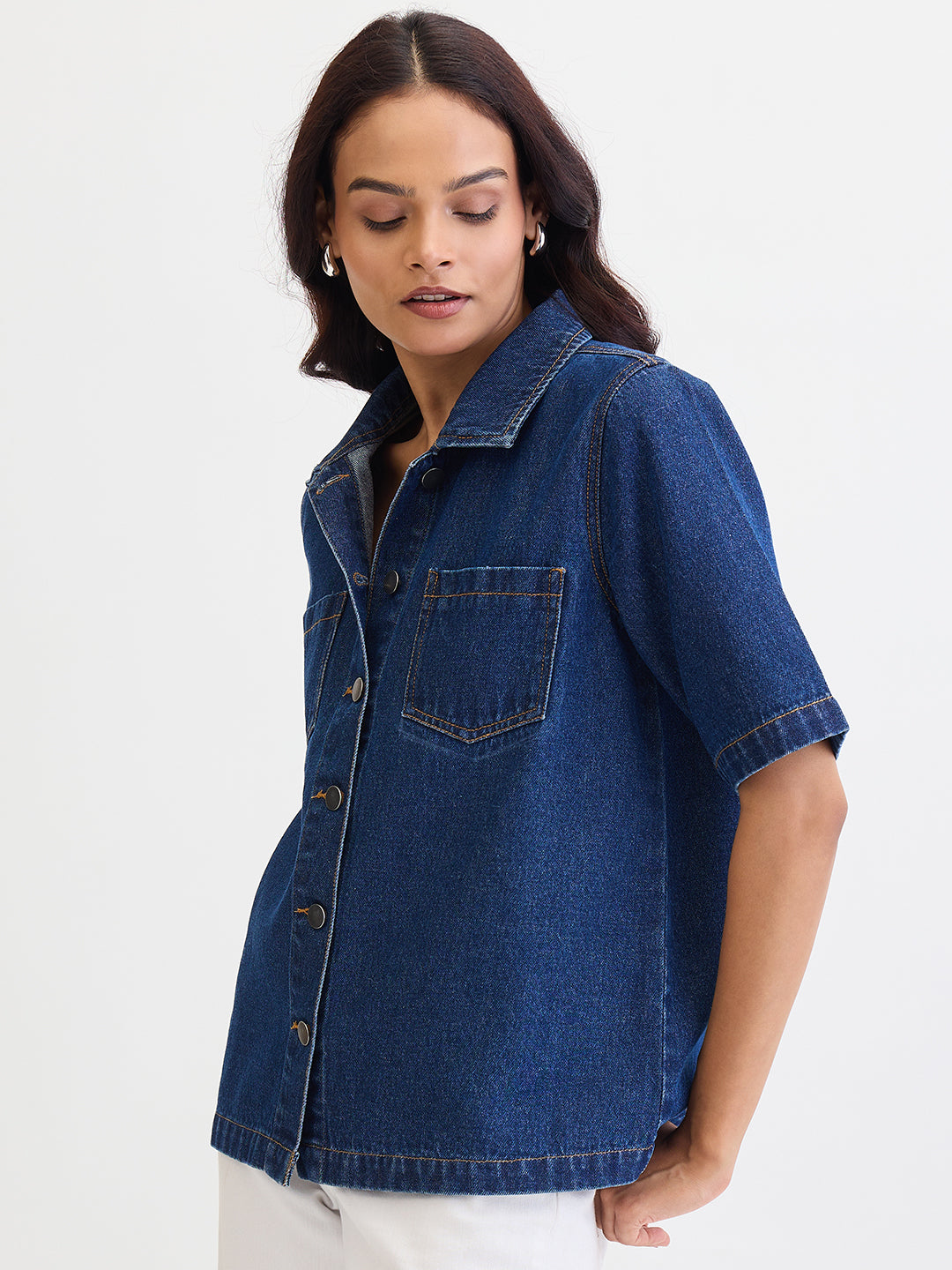 Navy Blue Denim Half Sleeves Shirt