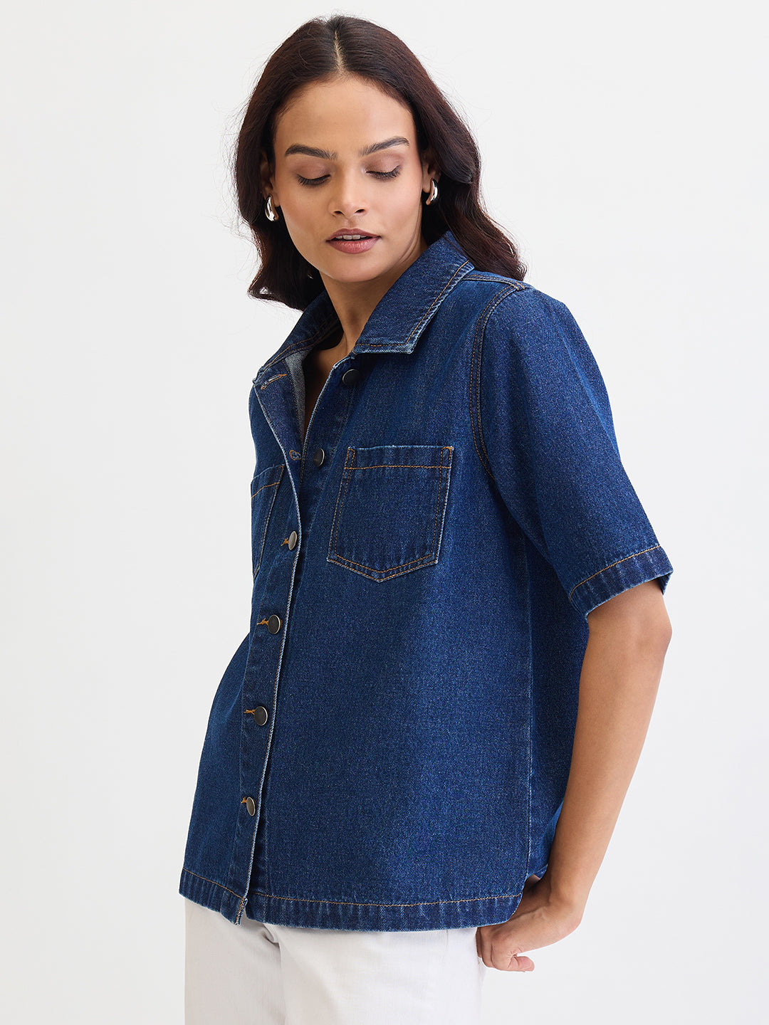 Navy Blue Denim Half Sleeves Shirt