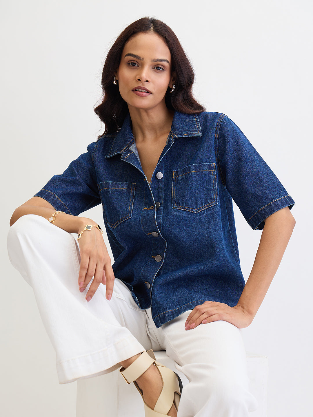 Navy Blue Denim Half Sleeves Shirt